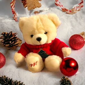 Vintage 1997 Christmas Teddy Bear Red Knit Sweater Christmas Tree Very Clean
